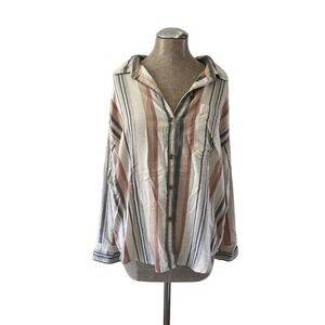 American Eagle Outfitters Womens Striped Button-Down Shirt - Cream, Tan & Gray
